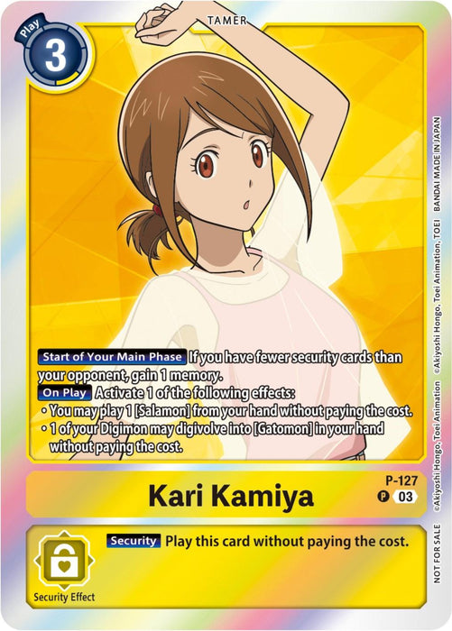 Introducing the Kari Kamiya [P-127] trading card from the Digimon Promotional Cards series, Tamer Party Pack -The Beginning- Ver. 2.0. This anime-style card showcases Kari with short brown hair, dressed in a white and pink shirt. The card features a vibrant yellow background adorned with digital patterns and includes a blue play cost icon of 3 in the top left corner.