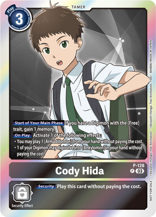 A Digimon card featuring Cody Hida [P-128] (Tamer Party Pack -The Beginning- Ver. 2.0) [Promotional Cards], a young boy with short brown hair, wearing a white shirt and green tie. The card displays his abilities, cost for playing, and security effect. The background has geometric shapes and lines. The promotional card name and its identification number are at the bottom.

