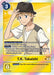 A Digimon card featuring the Tamer T.K. Takaishi, adorned with a white hat and short-sleeved shirt. The yellow background highlights its security effect at the bottom. This Digimon promotional card, T.K. Takaishi [P-129] (Tamer Party Pack -The Beginning- Ver. 2.0) [Promotional Cards], costs 3 to play and showcases various effects usable during the game.
