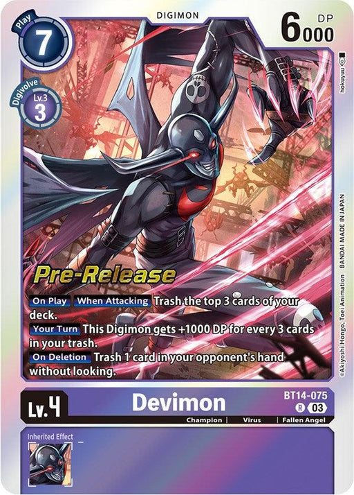 A rare Digimon card featuring Devimon. The dark, ominous background highlights the fallen angel Digimon with bat-like wings and sharp claws lunging forward. Key stats: Level 4, Play Cost 7, 6000 DP. Card effects, artwork, and labels are prominently displayed in this Devimon [BT14-075] [Blast Ace Pre-Release Cards] from Digimon.