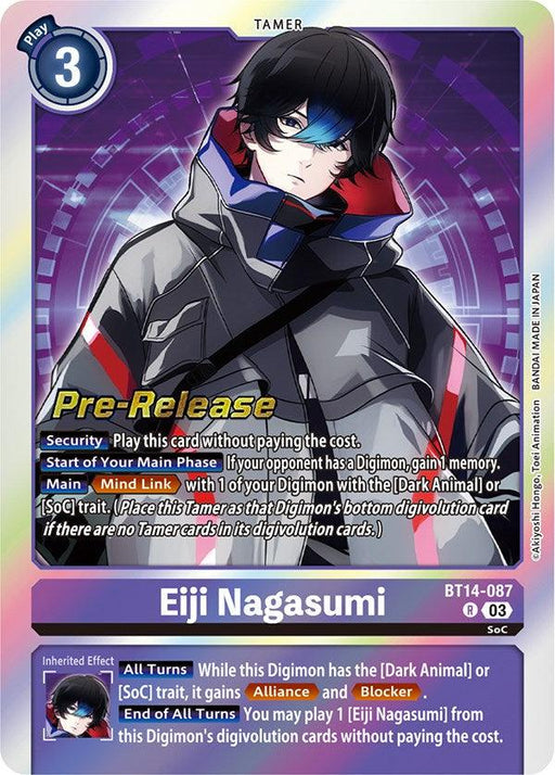 Card image for "Eiji Nagasumi [BT14-087] [Blast Ace Pre-Release Cards]" from Digimon. The rare tamer card features Eiji wearing a dark jacket with visible red and blue linings. He has black hair with a blue streak, dark gloves, and a serious expression. The card includes text detailing Eiji’s abilities and effects in the game.