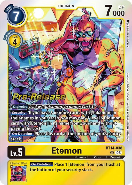 A Digimon trading card featuring Etemon [BT14-038] [Blast Ace Pre-Release Cards], a humanoid figure with sunglasses, a microphone, and gold armor. The card has a yellow border and includes attributes like Play Cost 7, DP 7000, Level 5, and Digivolve Lv. 4 with Sukamon. The name "Etemon" and identifier "BT14-038
