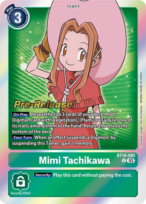 A Digimon trading card featuring Tamer Mimi Tachikawa, identifiable by her long light-brown hair, red outfit, and large pink hat. The card displays stats, effects, and "Blast Ace Pre-Release" in yellow text against a green gradient background is called Mimi Tachikawa [BT14-085] [Blast Ace Pre-Release Cards] from Digimon.