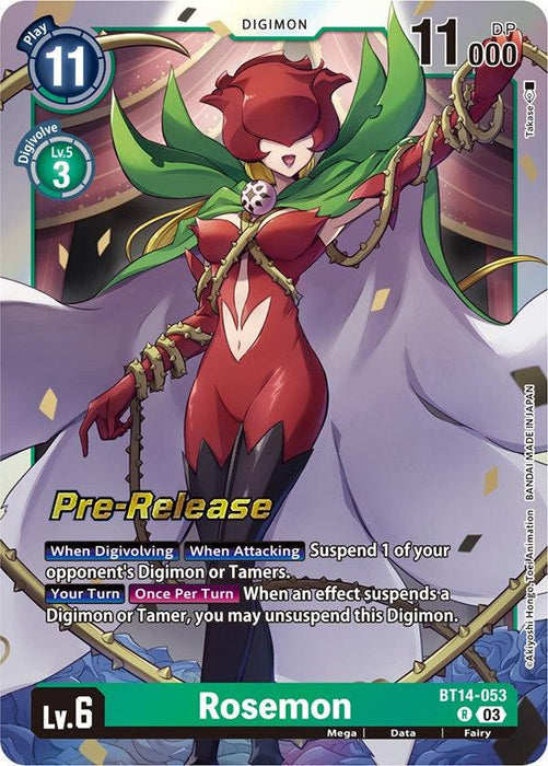 A Digimon card showcasing Rosemon [BT14-053] [Blast Ace Pre-Release Cards], a rare Level 6 Digimon with 11,000 DP. Rosemon is adorned in red and green armor with rose-like features and vines extending from her arms. The text includes effects that trigger when digivolving and attacking. A "Pre-Release" banner indicates this Blast Ace Pre-Release card.