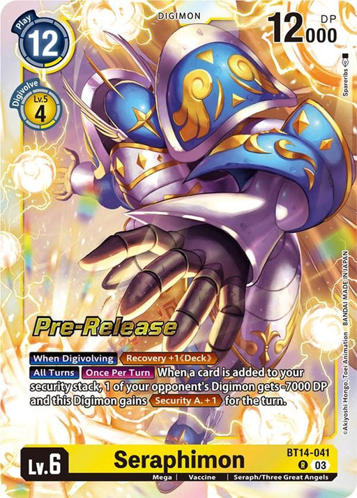 The image is a Digimon Seraphimon [BT14-041] [Blast Ace Pre-Release Cards] featuring Seraphimon. It has a blue and yellow design with a detailed illustration of Seraphimon, characterized by white armor and golden wings. Key stats: Lv. 6, Play Cost 12, DP 12000. The card includes digivolution details, abilities, and the label "Pre-Release.