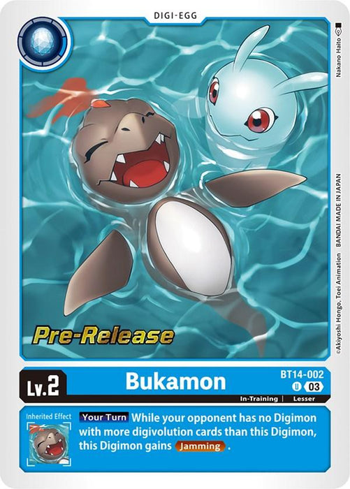 A Digimon card titled "Bukamon [BT14-002] [Blast Ace Pre-Release Cards]," depicting a brown, amphibious creature with red eyes, a large mouth, and sharp teeth. Bukamon is floating in water beside a light blue aquatic creature. The card is labelled BT14-002, Lv. 2 "Pre-Release Digi-Egg" version and showcases game details at the bottom.