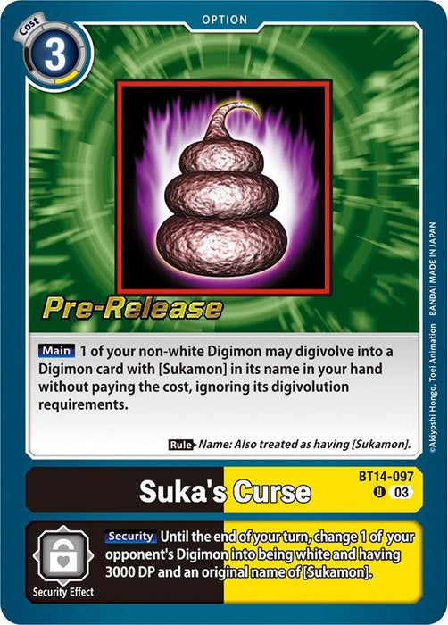Option card for the game Digimon with a play cost of 3. The card, titled "Suka's Curse [BT14-097] [Blast Ace Pre-Release Cards]", features an image of a golden poop swirl. It has a Security Effect allowing the transformation of an opponent's Digimon, giving it 3000 DP and renaming it to [Sukamon]. It's marked as BT14-097 with Blast Ace Pre-Release text.