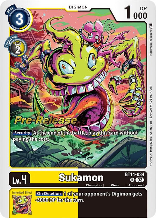 A Digimon trading card featuring "Sukamon," a yellow, cartoonish blob with a wide grin and bulging eyes. As a Champion-level Digimon, it's marked as Level 4, Play Cost 3, 1000 DP, Digivolve Lv.3, Cost 2. This card is part of the Sukamon [BT14-034] [Blast Ace Pre-Release Cards] series by Digimon.