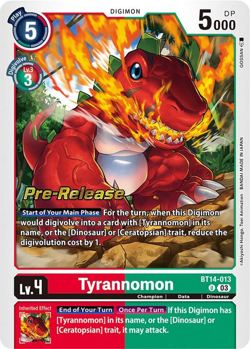 Image of a Digimon card showcasing Tyrannomon [BT14-013] [Blast Ace Pre-Release Cards]. The pre-release stamped card features a red dinosaur-like Digimon with green eyes and sharp teeth. Card details: Play cost 5, Digivolve cost 3 from Lv.3 green Digimon, DP 5000, Lv. 4 Dinosaur, card number BT14-013, effects text included.
