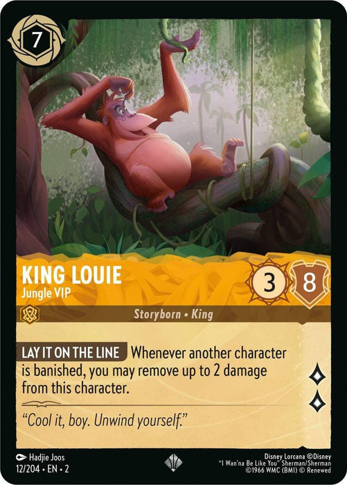 A Disney King Louie - Jungle VIP (12/204) [Rise of the Floodborn] trading card featuring King Louie, the Jungle VIP from "The Jungle Book." He is swinging on a vine with a relaxed pose. The card has a cost of 7, strength of 3, and willpower of 8. The text reads: "LAY IT ON THE LINE: Whenever another character is banished, remove up to 2 damage from