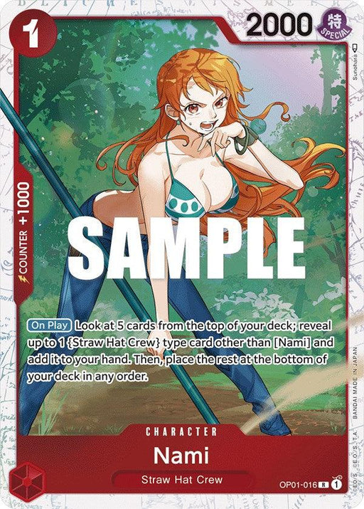 A Nami (OP01-016) (Ultra Deck: The Three Captains) [One Piece Promotion Cards] by Bandai features an illustration of Nami, a character with long orange hair, wearing a blue and white bikini top and jeans. The card has a red border, a power of 2000, and a cost of 1. The text describes her "On Play" ability to reveal cards and add a "Straw Hat Crew" card to your hand.