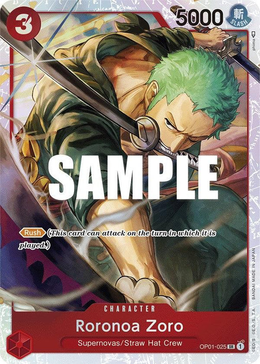 A Bandai trading card featuring Roronoa Zoro (OP01-025) (Ultra Deck: The Three Captains) [One Piece Promotion Cards], a character with green hair brandishing a sword in his mouth and hands. The card's power level is 5000, and it has the "Rush" ability. The dynamic background has red and white accents. "Sample" text is overlaid in the middle.