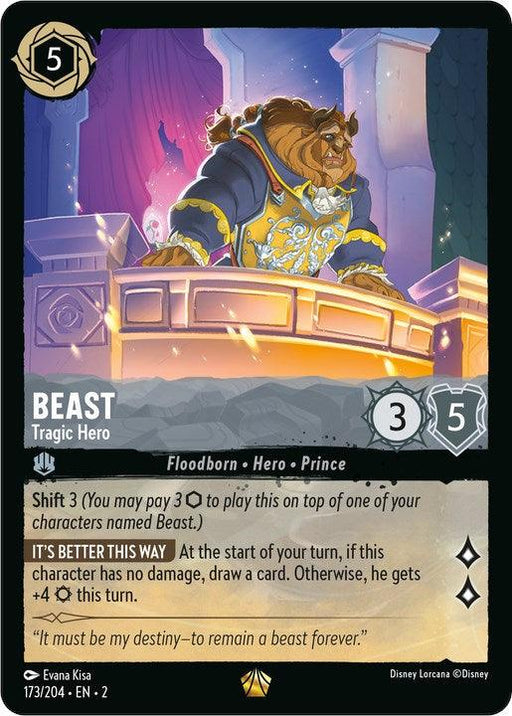 A collectible card features a regal anthropomorphic beast in elegant attire, standing on a purple-lit balcony. Titled "Beast - Tragic Hero (173/204) [Rise of the Floodborn]," this legendary card belongs to the "Disney" series. It lists various attributes: cost 5, strength 3, willpower 5, and special abilities detailed below the image.