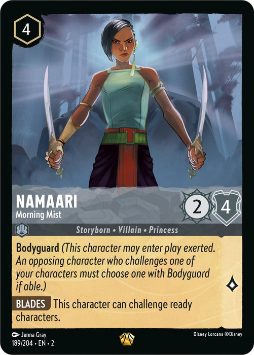 A Disney Lorcana trading card depicts Namaari - Morning Mist (189/204) [Rise of the Floodborn], a legendary character wielding two swords. She stands confidently, adorned in a green top, purple belt, and dark pants. The text on the card describes her attributes and abilities, including “Bodyguard” and “Blades.” The card is numbered 189/204 and rated 2/4.