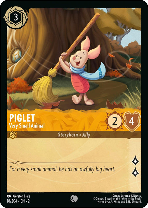 A Disney Lorcana card featuring Piglet - Very Small Animal (18/204) [Rise of the Floodborn]. Piglet, with a cheerful expression, joyfully sweeps leaves next to a tree with exposed roots. The card’s border has a Storyborn Ally tag and stats of 2 attack and 4 defense. Release Date 2023-11-17.