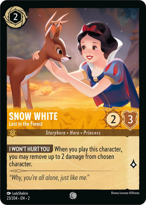 A Disney Snow White - Lost in the Forest (23/204) [Rise of the Floodborn] game card featuring Snow White, lost in the forest, gently holding a deer’s face. This common rarity card includes her attributes: 2 cost, 2 attack, 3 willpower. It reads: “I Won’t Hurt You - When you play this character, you may remove up to 2 damage from a chosen character.”