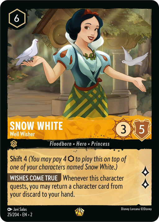 A collectible Disney Lorcana card from the "Rise of the Floodborn" series features Snow White as a character. In the card titled "Snow White - Well Wisher (25/204) [Rise of the Floodborn]," she is depicted with bluebirds near her outstretched hand. The card has attributes: cost 6, strength 3, and willpower 5. Abilities: Shift 4 and Wishes Come True.