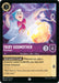 A trading card from Disney's "Rise of the Floodborn" set features the Fairy Godmother with the label "Fairy Godmother - Pure Heart (42/204) [Rise of the Floodborn]." The card displays stats: cost 3, strength 3, and willpower 4. The special ability "Just Leave It To Me" activates when playing Cinderella. Quote: "We'll have to hurry, because even miracles take a little time.
