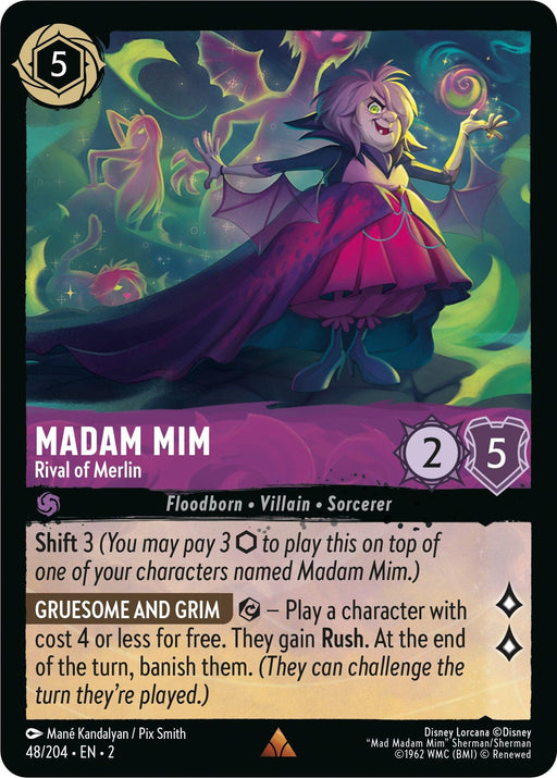 A rare trading card for "Madam Mim - Rival of Merlin (48/204) [Rise of the Floodborn]" from Disney, featuring art of an elderly woman in a purple robe with a mischievous grin, conjuring magical effects. The rival of Merlin has attributes including 5 cost, 2 attack, and 5 defense. Special abilities are "Shift 3," "Gruesome and Grim," and "Rush.