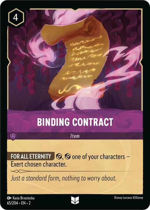 A "Binding Contract (65/204) [Rise of the Floodborn]" card from Disney. It features a glowing scroll with golden text, surrounded by swirling purple smoke. The card has a cost of 4 and belongs to the item category. The description reads: "FOR ALL ETERNITY: exert one of your characters - exert chosen character." A truly uncommon form, nothing to worry about.