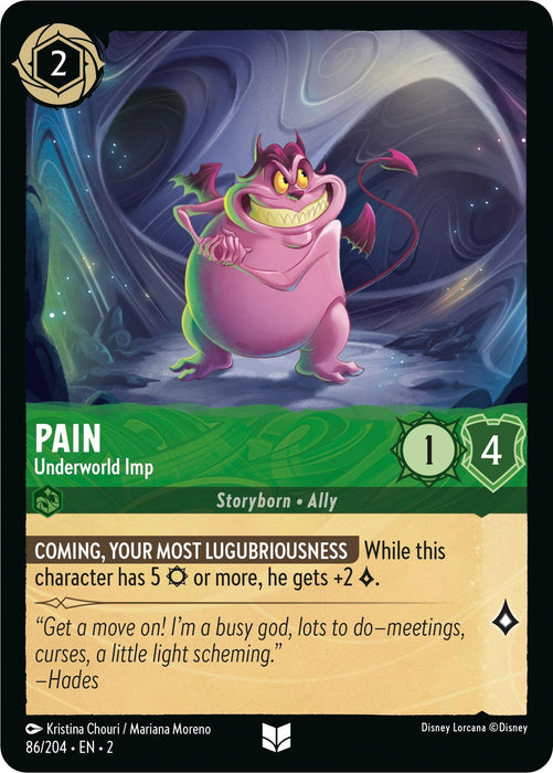 A Disney trading card named "Pain - Underworld Imp (86/204) [Rise of the Floodborn]" from the "Rise of the Floodborn" series. The card depicts a grinning, purple creature with sharp teeth, small wings, and a spiked tail. It has a cost of 2 ink, a strength of 1, and a willpower of 4. The card features special abilities and flavor text at