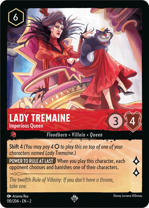 A Lady Tremaine - Imperious Queen (110/204) [Rise of the Floodborn] card from Disney’s *Rise of the Floodborn*. She stands in a red dress with a high collar and dark purple cape, pointing authoritatively. This Super Rare card details include: a cost of 6, power of 3, toughness of 4, and abilities "Shift 4" and "Power to Rule at Last." Category tags: Flood