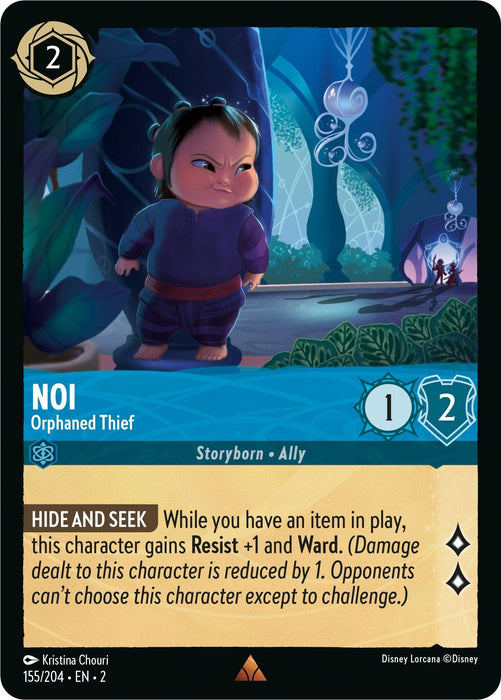 A rare digital card from Disney Lorcana's "Rise of the Floodborn," featuring "Noi - Orphaned Thief (155/204) [Rise of the Floodborn]." Noi, with short hair and a purple outfit, stands in a mystical environment. The card costs 2 and boasts 1 attack and 2 defense. Its ability, "Hide and Seek," grants Resist +1 and Ward when an item is in play.