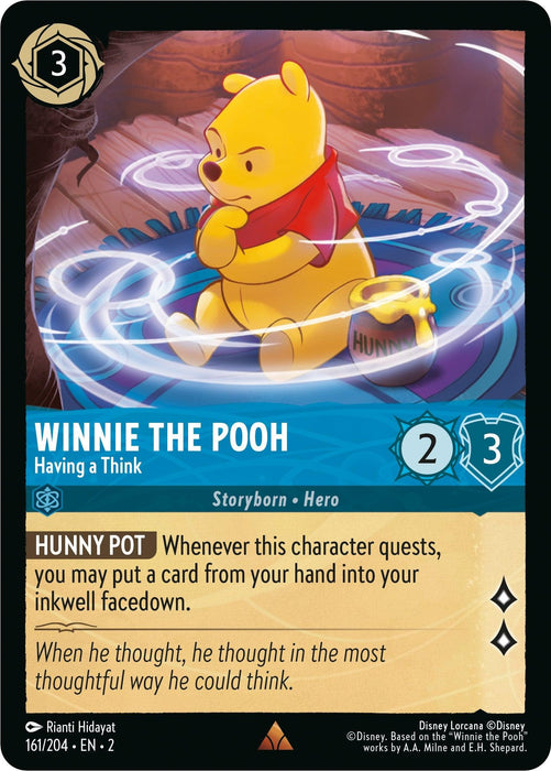 A rare trading card from the Rise of the Floodborn series featuring Winnie the Pooh sitting thoughtfully with a "Hunny" pot. Titled "Winnie the Pooh - Having a Think (161/204) [Rise of the Floodborn]," it’s classified as a Storyborn Hero with defense of 3 and strength of 2. The special ability, "HUNNY POT," allows adding a card to the inkwell faced. This collectible is part of Disney's impressive lineup.