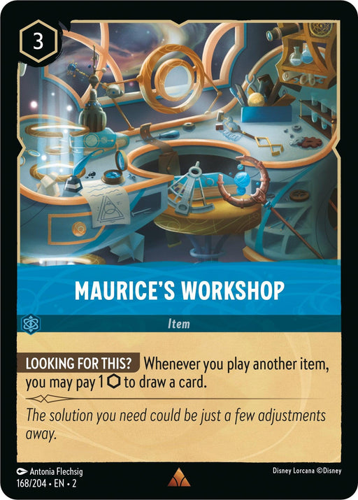 A rare card from Disney, titled "Maurice's Workshop (168/204) [Rise of the Floodborn]," features an advanced workshop filled with intricate devices, tools, and a large circular window. Releasing 2023-11-17 as part of Rise of the Floodborn, it allows players to pay ink to draw cards. Text reads: "The solution you need could be just a few adjustments away.