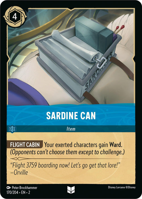 A card from Disney Lorcana: Rise of the Floodborn featuring an item named "Sardine Can (170/204) [Rise of the Floodborn]." This uncommon card costs 4 ink and belongs to set 170/204. It depicts a sardine can on an airplane seat marked "FLIGHT CABIN." The ability grants Ward to exerted characters. Flavor text reads: "Flight 3759 boarding now! Let's go get