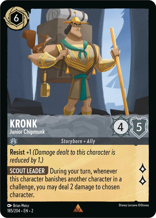 The image is a Disney Lorcana trading card from the Rise of the Floodborn series, featuring the rare character Kronk - Junior Chipmunk (185/204). Kronk is depicted with a satisfied expression, carrying a large backpack with a tent and cooking pot. Dressed in a light brown tunic and sporting a sash with a Junior Chipmunk emblem, his stats include resist and scout leader abilities.