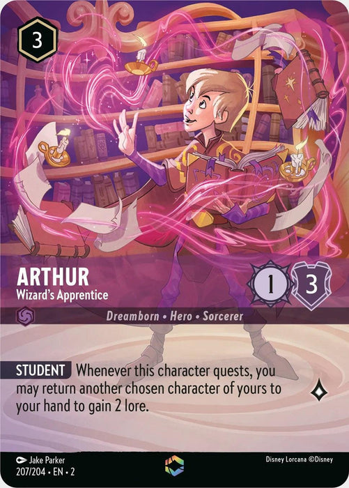 A card titled "Arthur - Wizard's Apprentice (Alternate Art) (207/204) [Rise of the Floodborn]" with an image of a young character in a purple robe, enchanted and casting a spell in a library. The card displays stats: 3 cost, 1 attack, and 3 defense. Text reads: "STUDENT: Whenever this character quests, you may return another chosen character of yours to your hand to gain 2 lore.