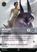 A Disney Lorcana card featuring Namaari - Morning Mist (Alternate Art) (216/204) [Rise of the Floodborn]. She stands confidently with a fierce expression beside a large, armored, purple feline creature with an intimidating glare. The Enchanted card description highlights her Bodyguard and Blades abilities, and she boasts 2 attack and 4 defense stats.