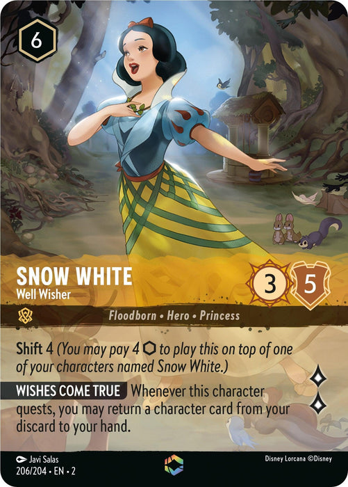 Image of a Snow White - Well Wisher (Alternate Art) (206/204) [Rise of the Floodborn] card from Disney Lorcana, Rise of the Floodborn. Cost: 6, strength: 3, willpower: 5. Abilities include "Shift 4" and the enchanting "WISHES COME TRUE." Snow White is depicted in a forest, singing with her hand raised. Game details below include set info, illustrator, and card number.