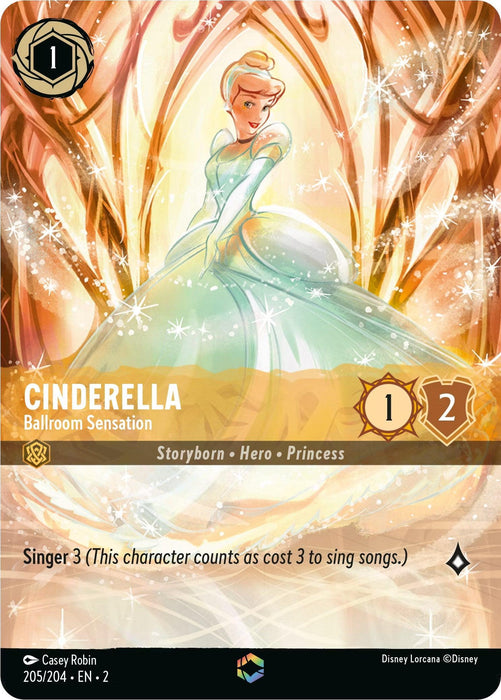 A Disney Cinderella - Ballroom Sensation (Alternate Art) (205/204) [Rise of the Floodborn] trading card features Cinderella as a Ballroom Sensation in an enchanting ballroom scene. The card showcases her in a blue dress surrounded by sparkles. It has a cost of 1, strength 1, and willpower 2. Her attributes are Storyborn, Hero, and Princess, with the Singer 3 ability described at the bottom.