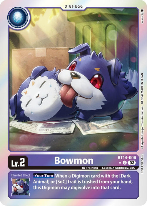 The Digimon trading card "Bowmon [BT14-006] (Blast Ace Box Promotion Pack) [Blast Ace]" features a cute, blue, wolf-like Digimon with a white underbelly, licking a white ball. Set in a dim, cluttered room, the card includes stats such as "Lv. 2" and "In-Training." The Inherited Effect explains how Bowmon interacts with cards that have the [Dark Animal] or [SoC] traits.