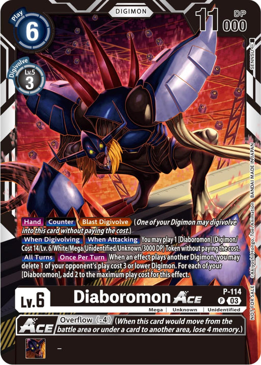 Image of a Digimon promotional card titled "Diaboromon Ace [P-114] (3rd Anniversary Survey Pack) [Promotional Cards]." The card has a blue border and depicts a menacing, spider-like creature with red eyes, metallic claws, and dark armor. It includes various abilities and statistics, such as 11,000 DP, level 6, and play cost of 6.