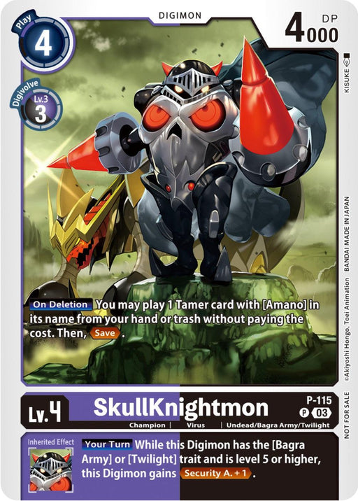 A Digimon card featuring SkullKnightmon [P-115] (3rd Anniversary Survey Pack) [Promotional Cards], a formidable level 4 creature with a play cost of 4 and 4000 DP. This armored, humanoid Digimon boasts sharp, red accents and weapons. Described as "Virus," "Undead," and "Bagra Army/Twilight," this Tamer card showcases its powerful abilities effectively.