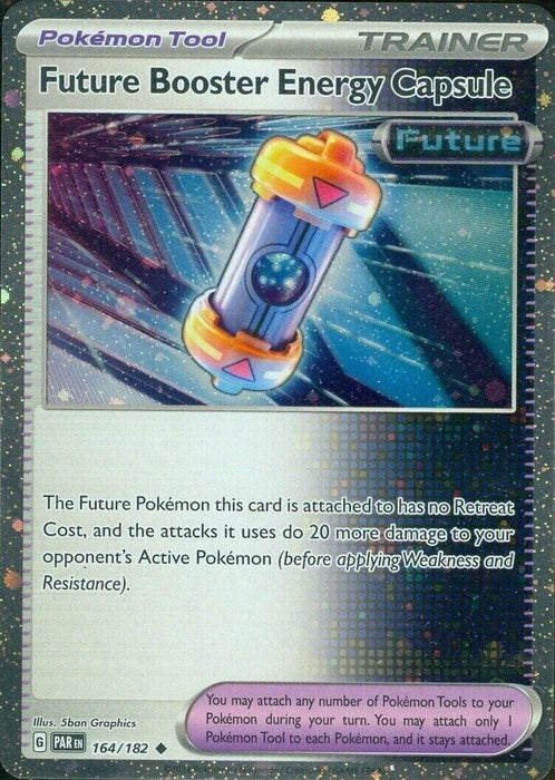 A Pokémon trading card titled "Future Booster Energy Capsule (164/182) (Cosmos Holo) [Scarlet & Violet: Paradox Rift]" shows a cylindrical, futuristic capsule with blue energy inside. Classified as an Uncommon Trainer card from the "Future" series, this Pokémon Tool's text explains its effects on the Pokémon it is attached to in the Paradox Rift saga.