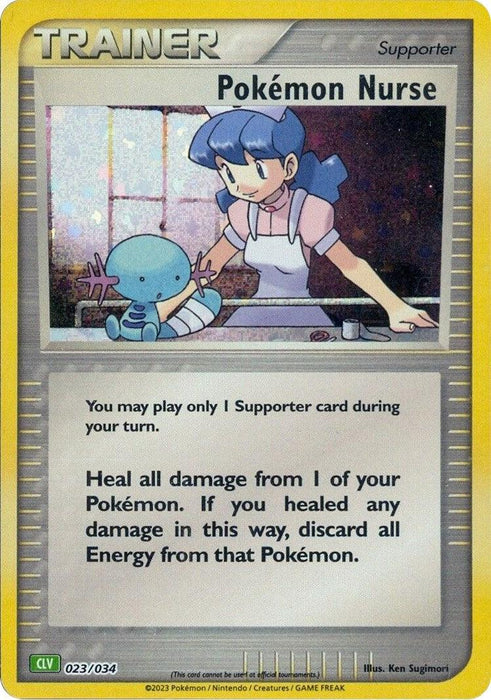 A Pokémon trading card titled "Pokemon Nurse (023/034) [Trading Card Game Classic]." It features a female character with blue hair and a pink apron caring for a small, round, blue Pokémon. As a Supporter card in the Pokémon Trading Card Game, its text reads: "Heal all damage from 1 of your Pokémon. If you healed any damage in this way, discard all Energy from that Pokémon.
