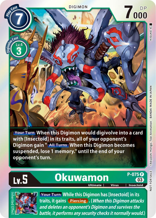 A Digimon trading card featuring Okuwamon [P-075] (Winner Pack -Blast Ace-) [Promotional Cards], a fierce insectoid creature with metallic and organic elements. This promotional card details include a play cost of 7, level 5, 7000 DP, and Digivolving cost of 3 from Lv. 4. Abilities include gaining piercing and causing the opponent to lose memory.
