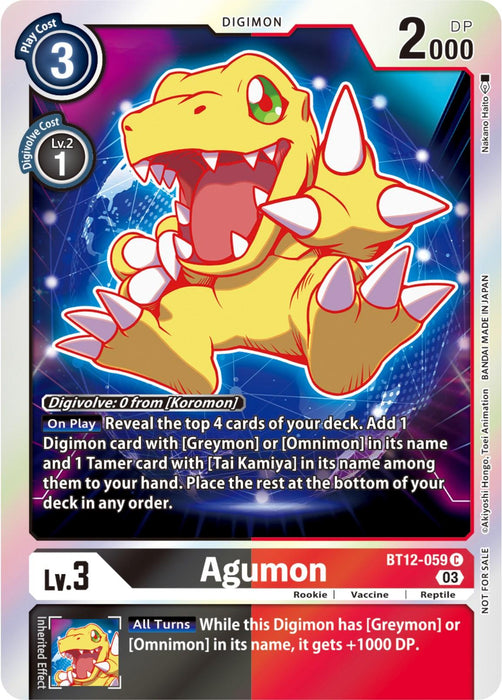 A Digimon trading card featuring Agumon [BT12-059] (Official Tournament Pack Vol.11) [Across Time]. The card has a blue border and shows a cute, orange dinosaur-like creature with red claws, standing on two legs and smiling. With a play cost of 3 and 2000 DP, the card number is BT12-059 C. Evolve Agumon into powerful forms like Greymon for enhanced abilities described below.
