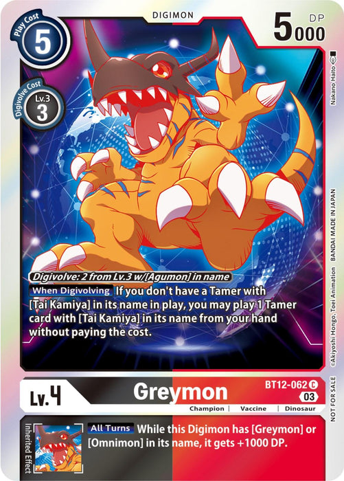 This image shows a Digimon card featuring Greymon [BT12-062] (Official Tournament Pack Vol.11) [Across Time] from the game Digimon. The card's play cost is 5, with 5000 DP. It digivolves from Lv.3 Agumon for 2 and has a unique skill involving Tamer cards when digivolving. The card number is BT12-062 C, level 4, vaccine type, dinosaur trait.