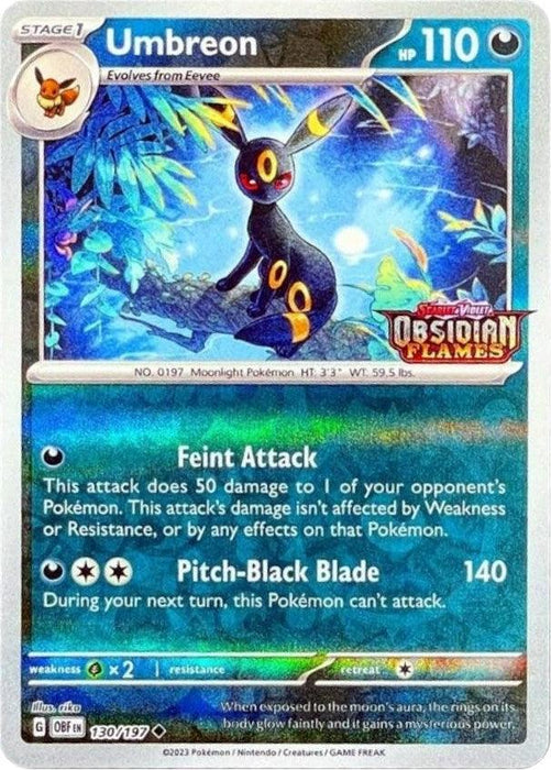 A Pokémon Umbreon (130/197) (Obsidian Flames Stamped) [Scarlet & Violet: Obsidian Flames] featuring Umbreon with 110 HP, illustrated amidst a dark scene with the moon in the background. Part of the 'Obsidian Flames' set, this card lists two moves: Feint Attack for 50 damage and Pitch-Black Blade for 140 damage. It has a blue-gray gradient background, capturing an essence of darkness.