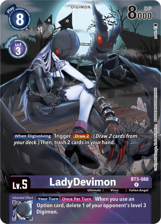 A trading card promoting LadyDevimon [BT3-088] (Gift Box 2023) [Release Special Booster Promos] by Digimon. She is depicted with blue skin, silver hair, and dark attire, including chains and a torn outfit. The eerie background enhances her menacing presence. The card stats: level 5, 8000 DP, with specific digivolution effects and abilities like Draw 2.