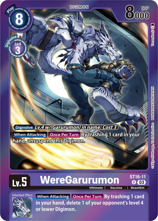 Trading card featuring a Digimon called WereGarurumon [ST16-11] (Gift Box 2023) [Starter Deck: Wolf of Friendship]. The card from Starter Deck: Wolf of Friendship has a blue and purple background with 8000 DP and digivolve requirements mentioned. This Ultimate Form creature is a humanoid wolf with white fur, blue markings, shredded pants, level 5, type "Beastkin", and special abilities.

*Brand Name: Digimon*