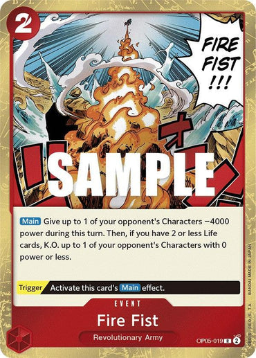 The Bandai Rare Event Card "Fire Fist [Awakening of the New Era]" features a red event symbol, reducing opponent's power by 4000. If you have 2 or fewer life cards, KO a character with 0 power as the background erupts with "FIRE FIST !!!.