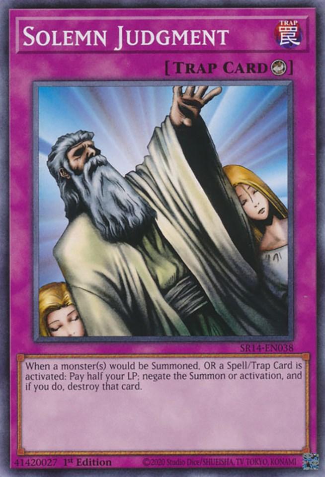 A Yu-Gi-Oh! Solemn Judgment [SR14-EN038] Common card. It depicts an elderly, bearded man in a flowing robe raising one hand to the sky, seemingly casting a spell. Two serene figures stand behind him, one with a halo. The card has a purple border and its effect text is visible at the bottom to negate activation.