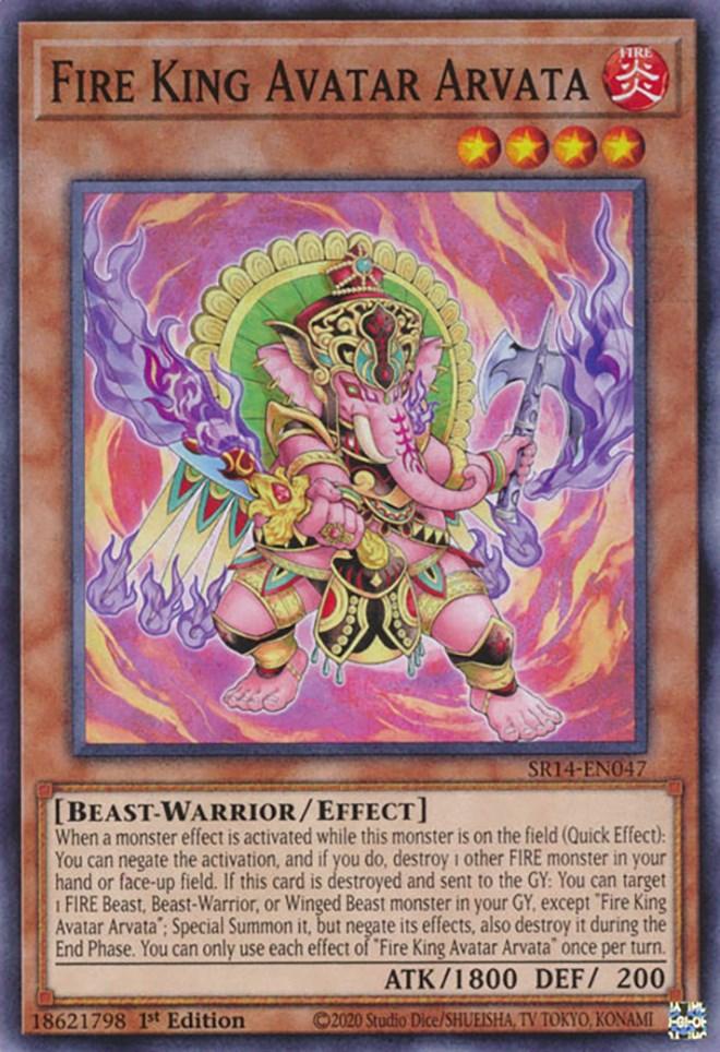 The image is of a Yu-Gi-Oh! trading card titled "Fire King Avatar Arvata [SR14-EN047] Common." This Effect Monster appears as a pink, four-armed, anthropomorphic beast-warrior with a golden halo, wielding various weapons and surrounded by flames. It boasts an attack power of 1800 and defense of 200.