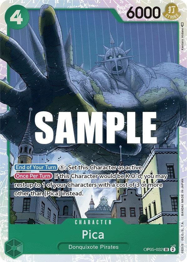 Introducing the Super Rare Bandai trading card: Pica [Awakening of the New Era] from Donquixote Pirates. This card features a green border and an impressive 6000 power level. The character image captures Pica towering over buildings in a dark, ominous setting, with key abilities 